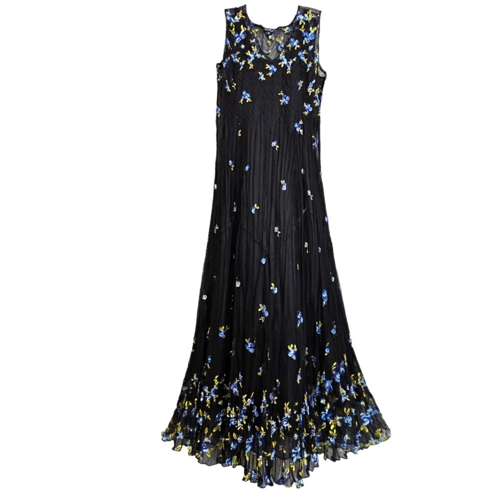 Nwot KAMAROV Sleeveless Embroidered Blue Floral Mesh Flowy Maxidress